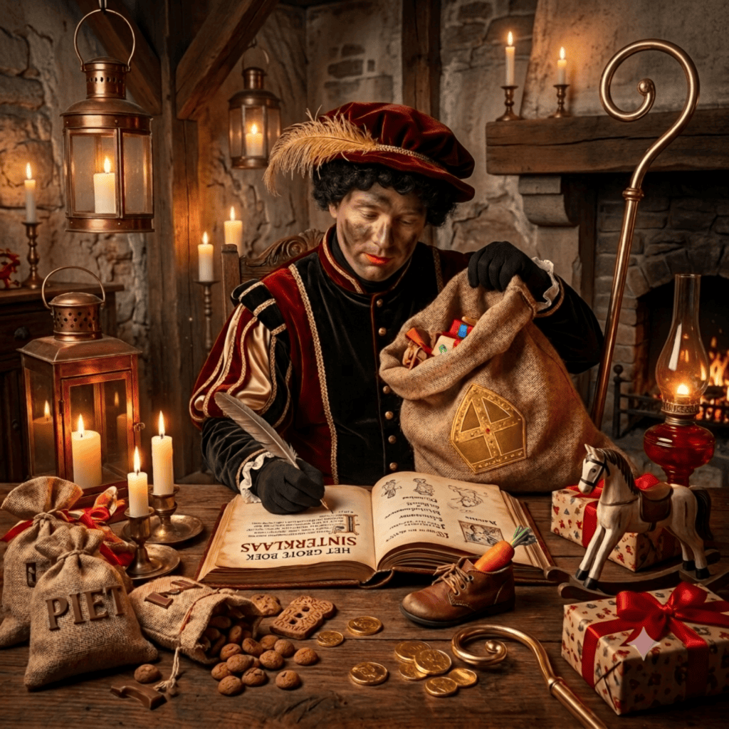 Roetpiet die schrijft in het grote boek van Sinterklaas. Sinterklaashuisbezoek.be