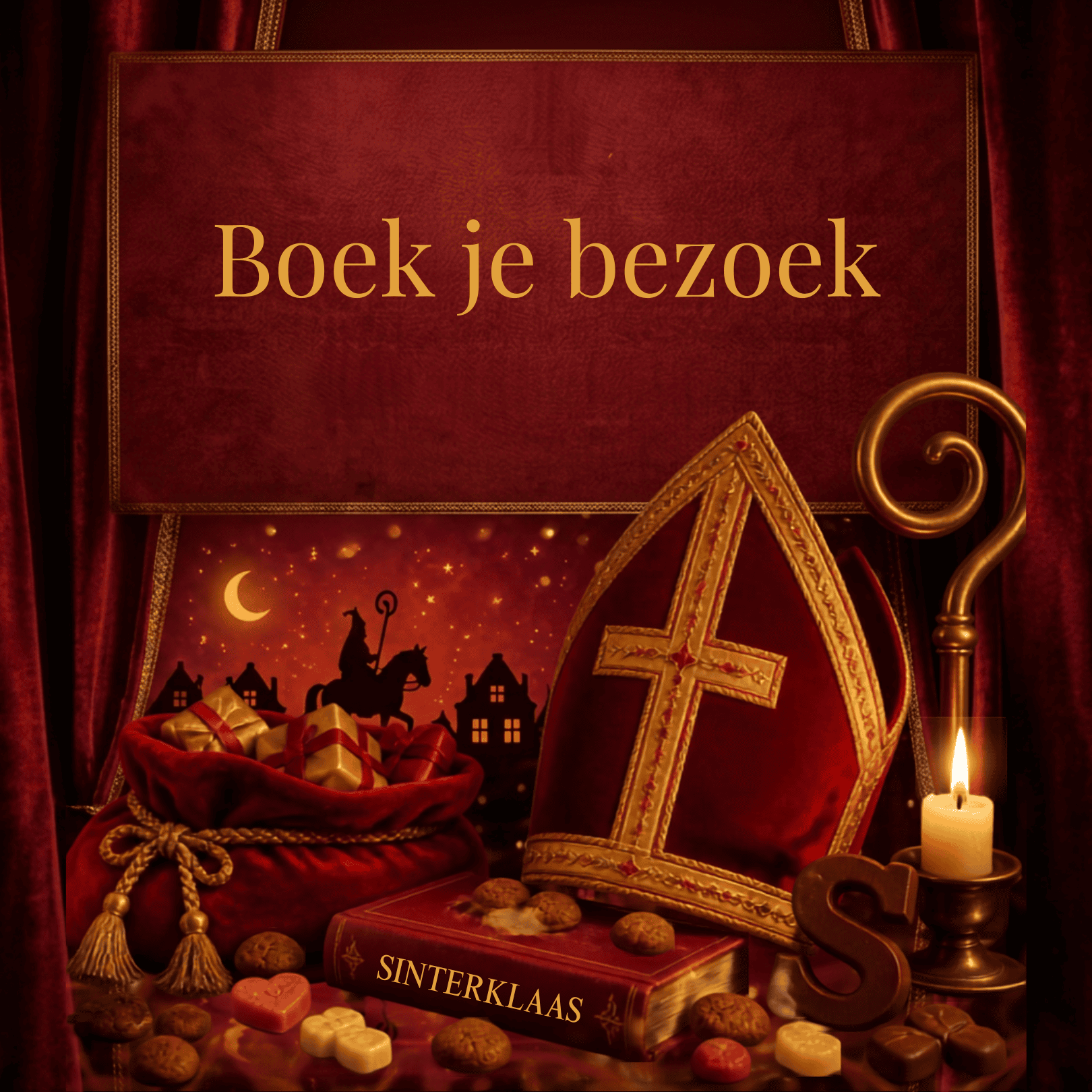 Afbeelding Sinterklaas elementen met opschrift Boek je bezoek